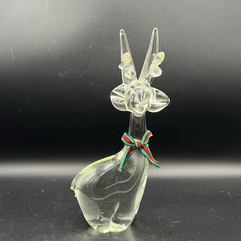 Vintage Enesco Clear Glass Christmas Reindeer Figurine 8"  Red‎ & Green Ribbon